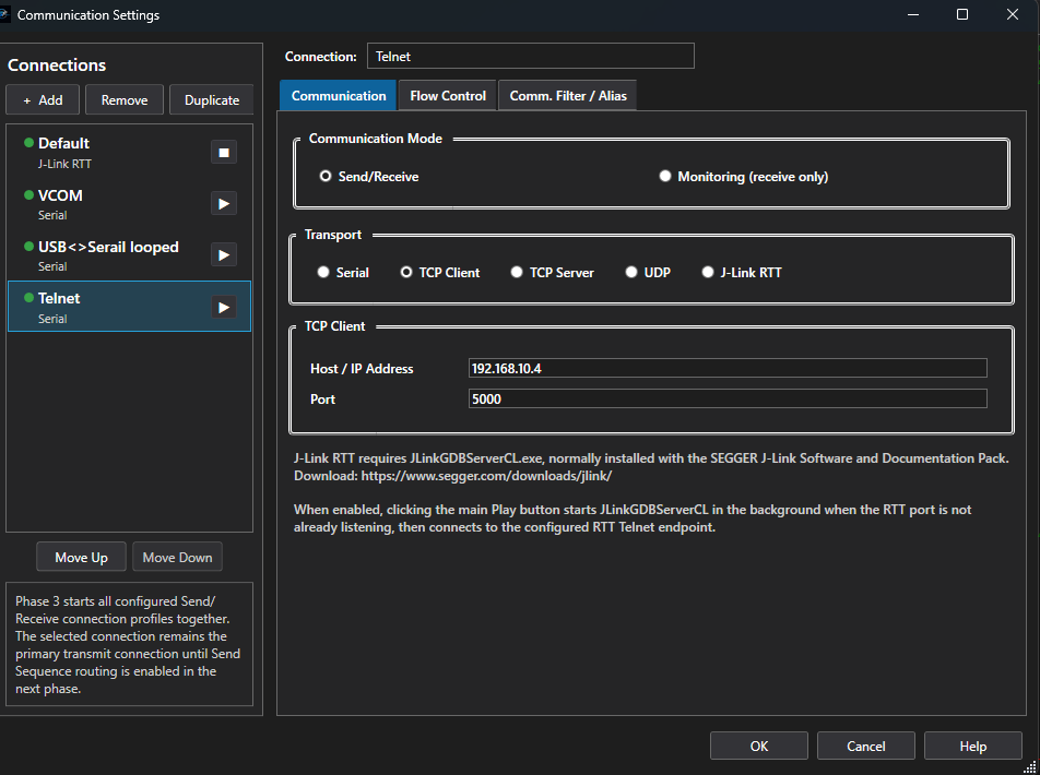 Serial Flux Telnet communication screenshot