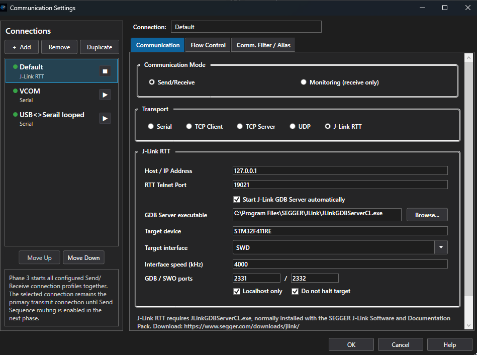 Serial Flux J-Link RTT connection screenshot
