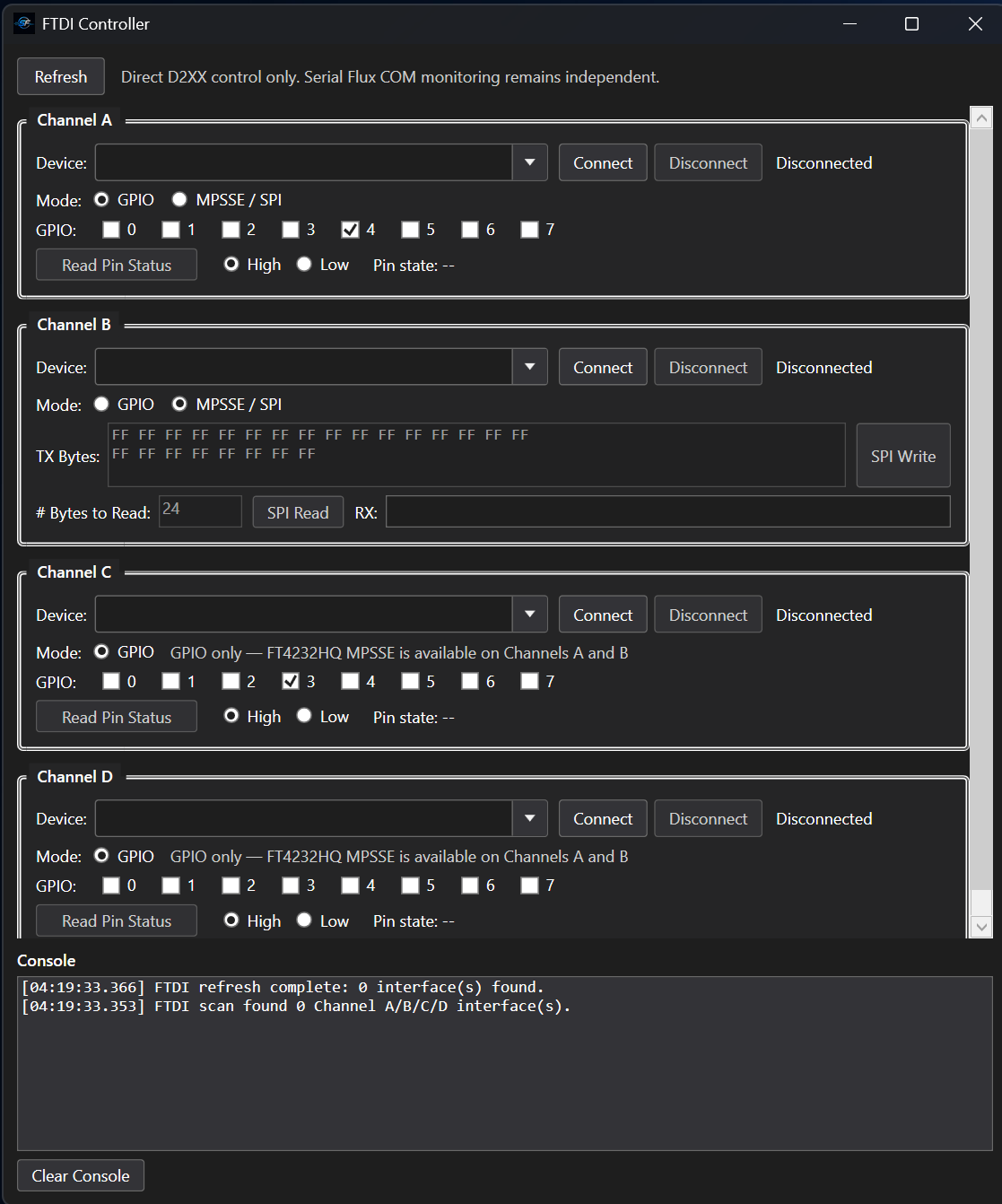 Actual Serial Flux FTDI Controller window showing four channels and console