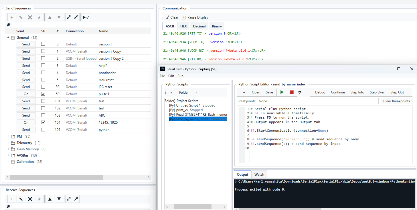 Serial Flux Python scripting Send Sequence screenshot