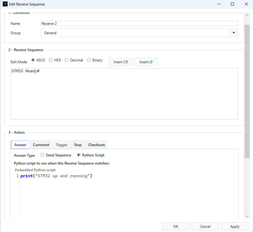 Serial Flux receive sequence match and action screenshot